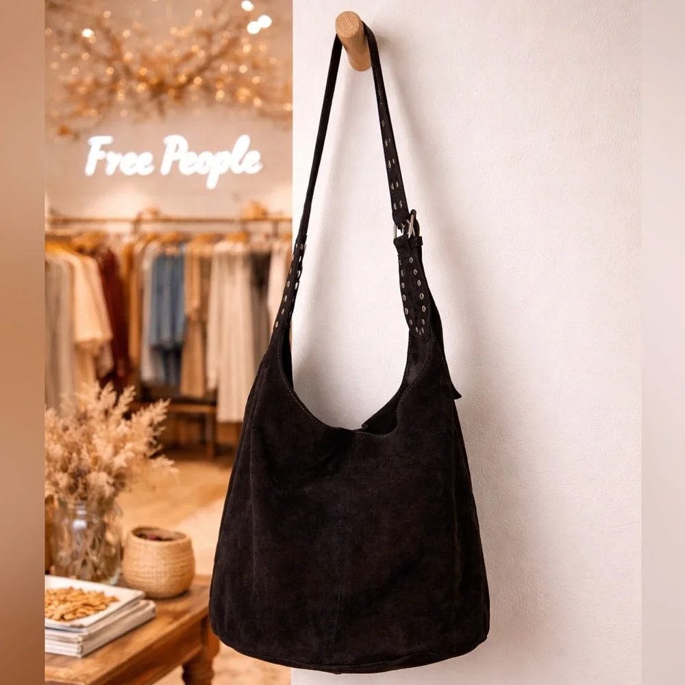 Free People Black Suede Studded Hobo Bag Large Boho Festival Slouchy Shoulder - Picture 4 of 10
